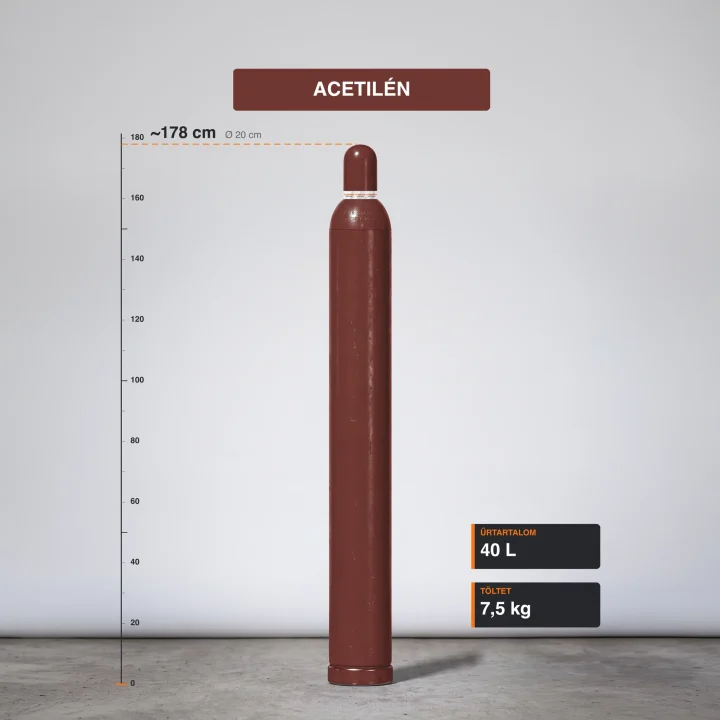 Acetilén gázpalack 7,5 kg méretarányos termékfotó