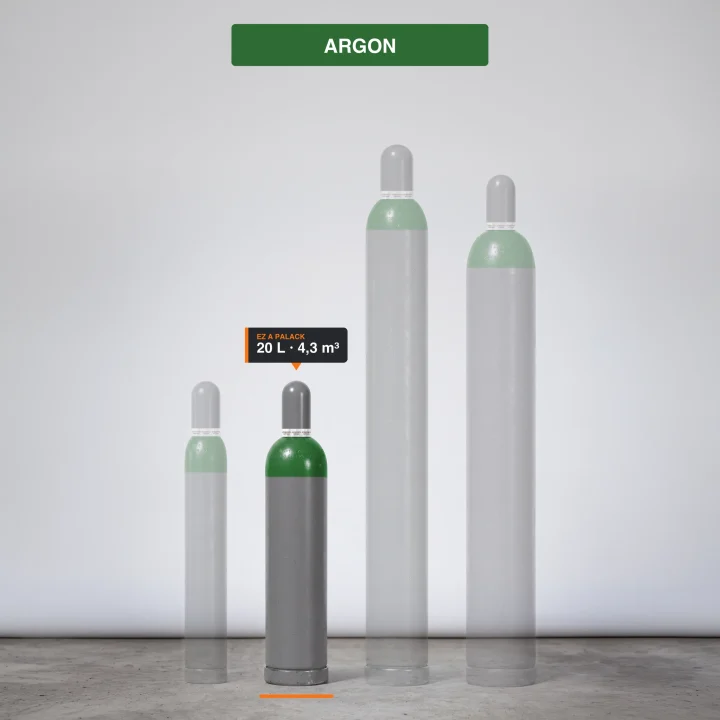 Argon gázpalack-család, kiemelve a 4,3 m³ kiszerelés