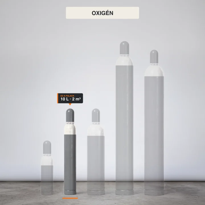 Oxigén gázpalack-család, kiemelve a 2 m³ kiszerelés Oxigén gázpalack-család, kiemelve a 2 m³ kiszerelés